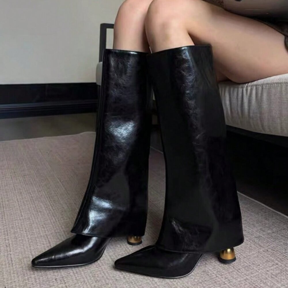 Black Western Style Women's High Riding Pointed Toe Boots - Picture 2 of 8